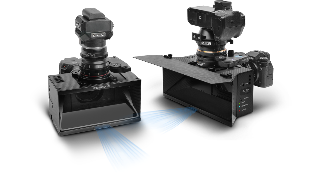 Professional stereoscopic 3D filming system with integrated LiDAR autofocus tracking, AI depth processing, UHD 4K support, and lightweight vertical capture design for immersive spatial video production.