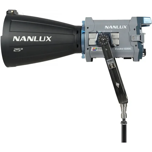 Nanlux Evoke 600C professional RGBLAC LED spotlight featuring 1800K–20000K CCT range, advanced wireless DMX control, high CRI/TLCI colour accuracy, and cinematic lighting performance for film and studio production.