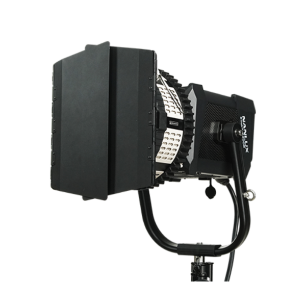 Nanlux FL-28 Fresnel Lens professional NL-mount optical attachment featuring adjustable 17°–43° beam control, enhanced cinematic light shaping, and lightweight portable design for Evoke series LED fixtures.