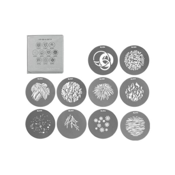 Nanlux AS-GB-A-SET2 gobo set for NL Mount projection systems. Precision-cut metal gobos for cinematic lighting, pattern projection, and creative visual effects in film, broadcast, and studio production.